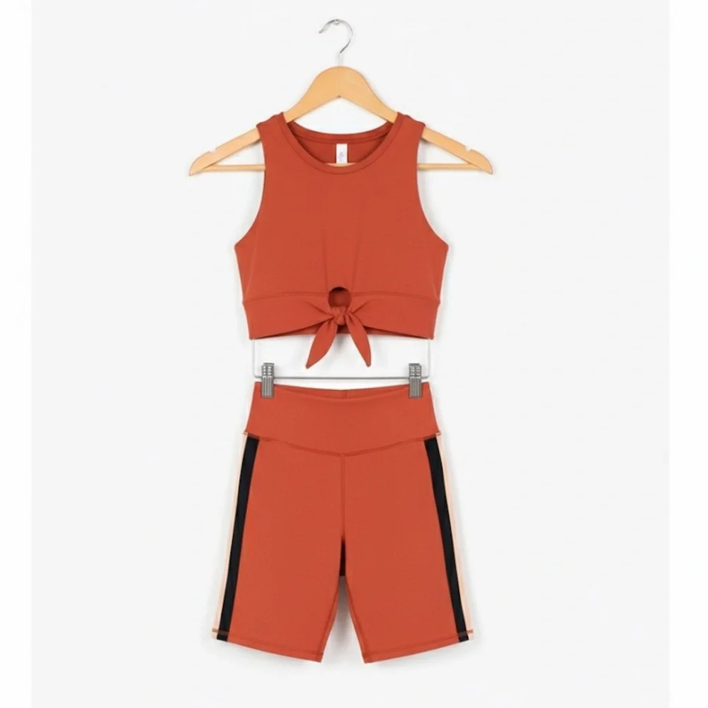 Mariia Burnt Orange Rust Active Crop Top tie front and Biker Shorts adult XS NWT